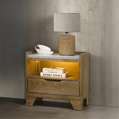 Transitional Brown Finish Nightstand With LED Light USB Ports Wooden Bedroom Furniture 1pc Bedside Cabinet Drawer Shelf