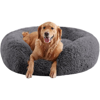 Lit pour chien apaisant pour la maison, lits pour animaux de compagnie en forme de beignet anti-angoisse, lits pour chien avec fausse fourrure moelleuse, lit pour chien lavable et chaud 