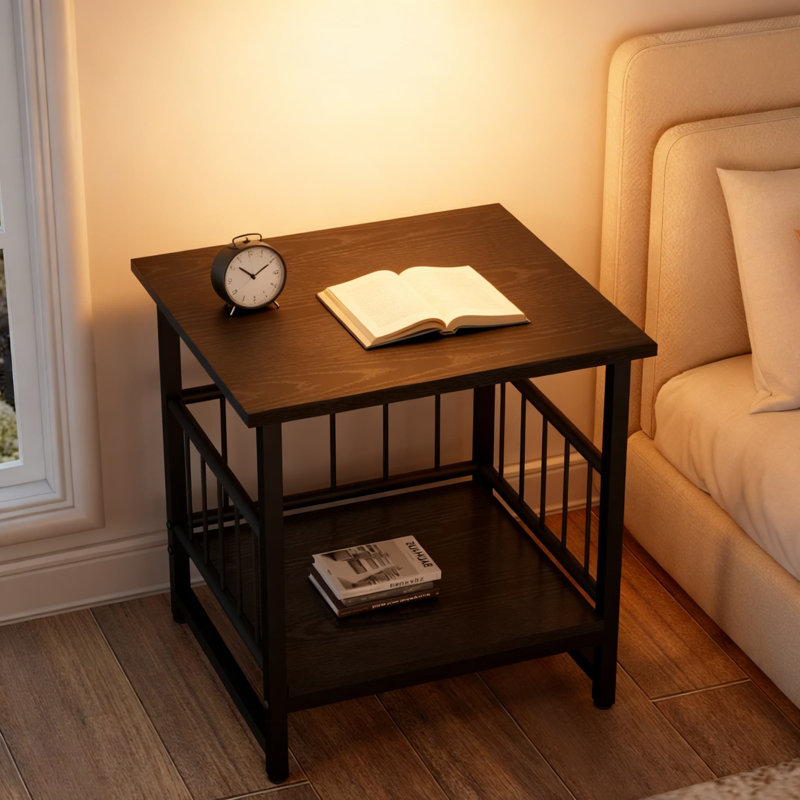 Table de bout carrée industrielle avec tablette ouverte, table d'appoint en métal robuste pour le salon, la chambre à coucher et la cuisine