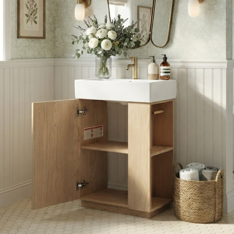 22" Single Bathroom Vanity With Ceramic Top, Wood, Left Hinge