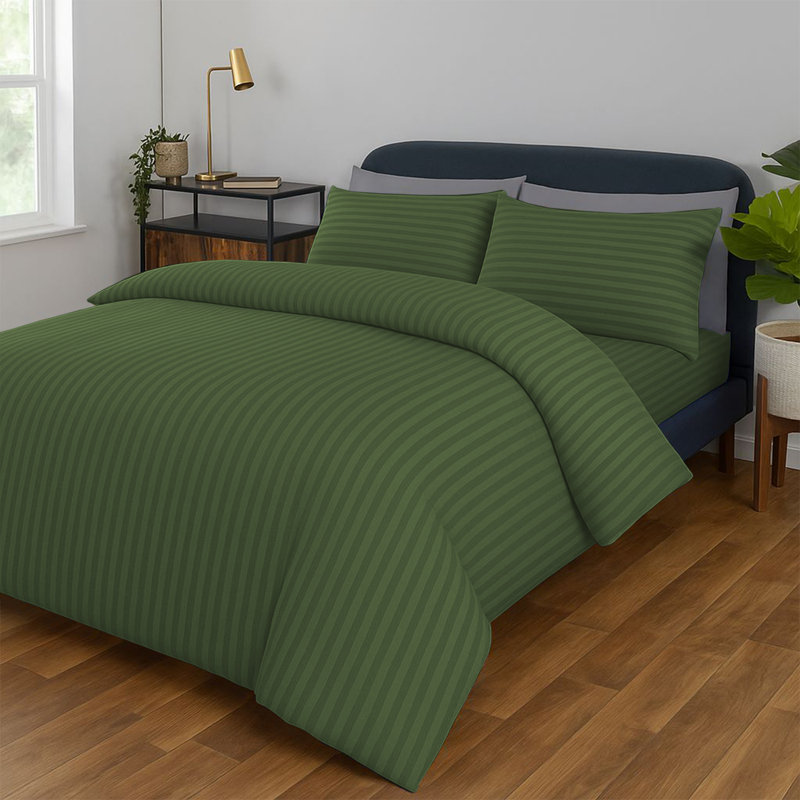 Classic Stripe Microfiber Duvet Set, 4-Piece With Fitted Sheet & Pillowcases, Olive Green Striped