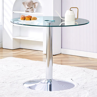 Élégante table ronde de 35 pouces avec pieds en verre transparent et structure en métal argenté robuste