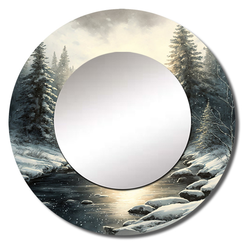 Sunlight Reflecting The Snow Forest River I - Lake large miroir, miroir mural rond gris, reproduction d'art en métal