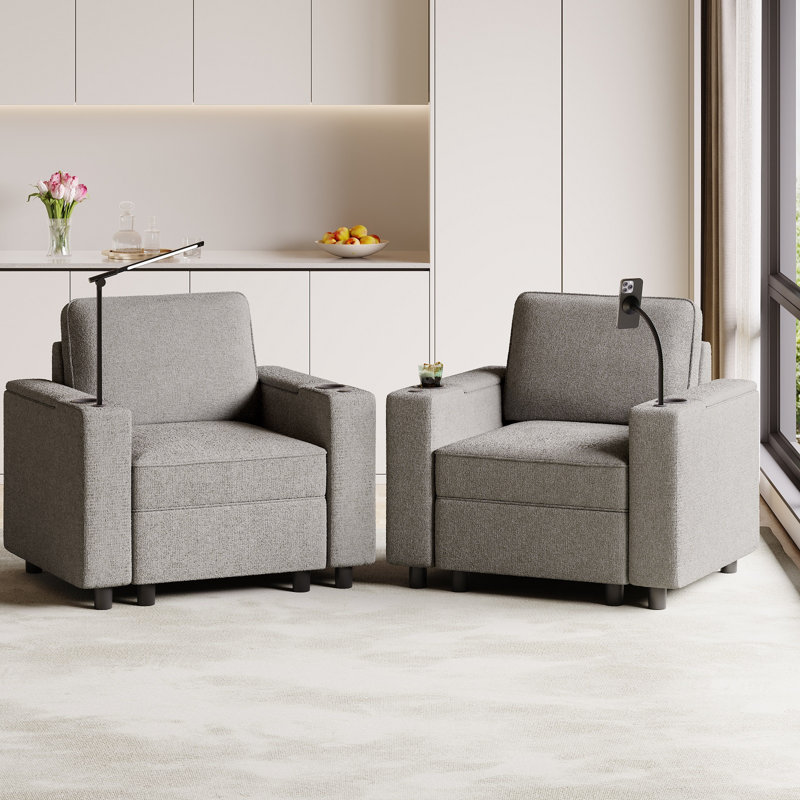 Tupelo 38" W Upholstered Accent Armchair with Storage and Cup-holder,Power Grommet for Living Room, Dove Grey Polyester Blend