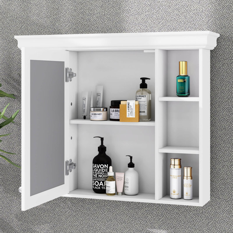 Armoire à pharmacie murale 35 po x 28 po, armoire de rangement pour salle de bain avec porte miroir et 6 tablettes ouvertes réglables