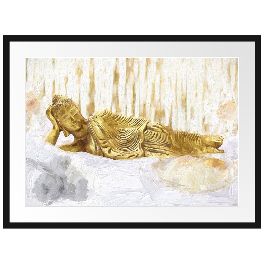 Gerahmtes Poster Goldener Buddha auf Handtuch