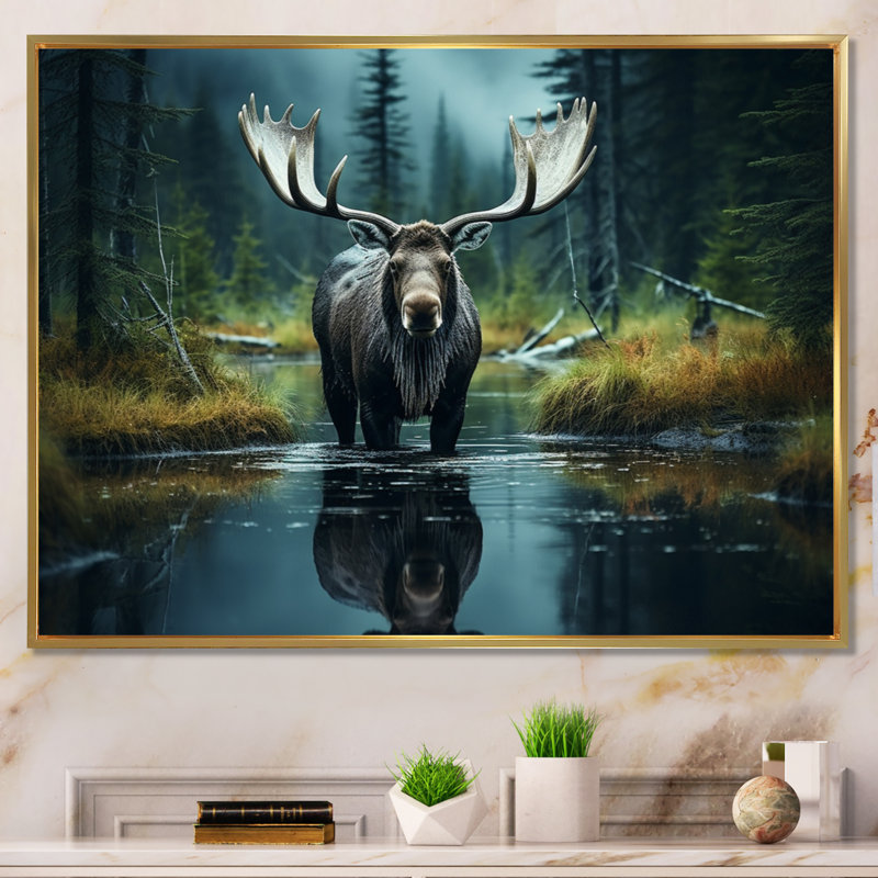 «Green Moose Forest Dusk», art mural orignal, 16" H x 32" W, Cadre flottant doré