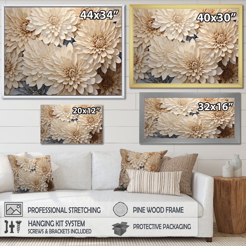 Minimalisme des mamans en fleurs en beige et or I, Cadre flottant blanc, H 30 po x l 40 po