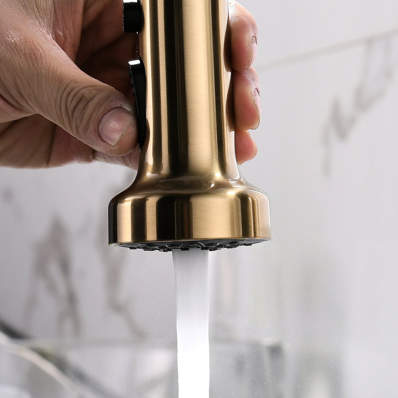 Robinet de cuisine en or brossé avec douchette extractible, empreinte digitale, poignée simple, robinet contemporain à cartouche en céramique, facile à installer, pivotant sur 360 degrés