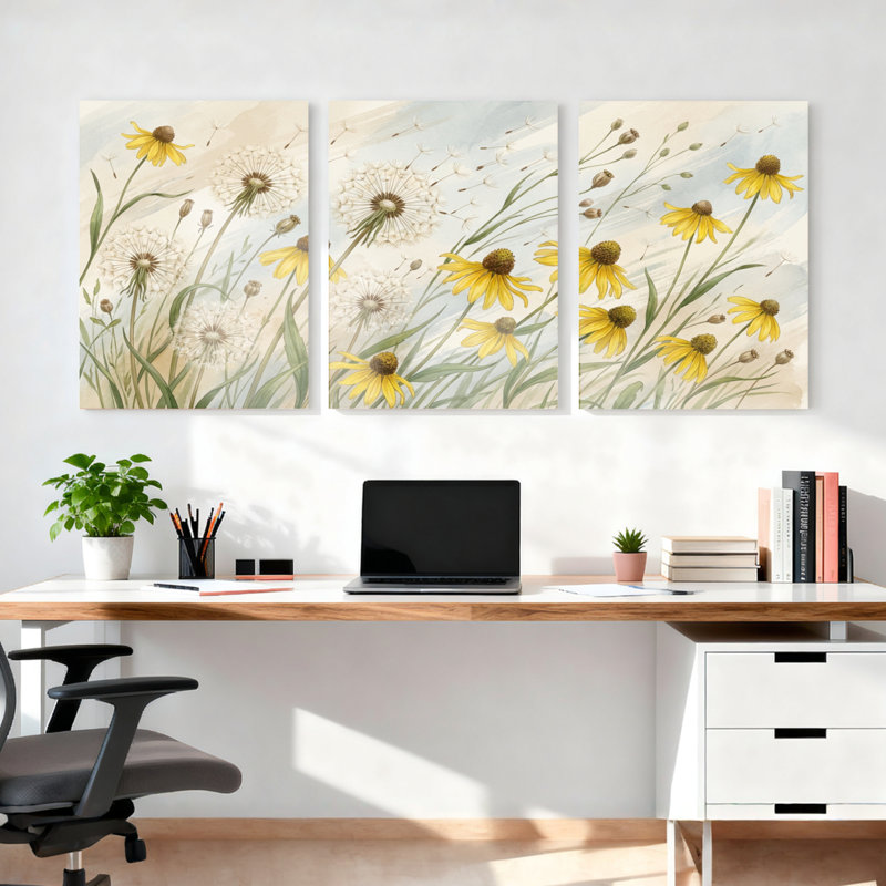 Ensemble de 3 tableaux muraux sur toile à motifs floraux de pissenlits et d'échinacées, pour la décoration du salon et de la chambre.