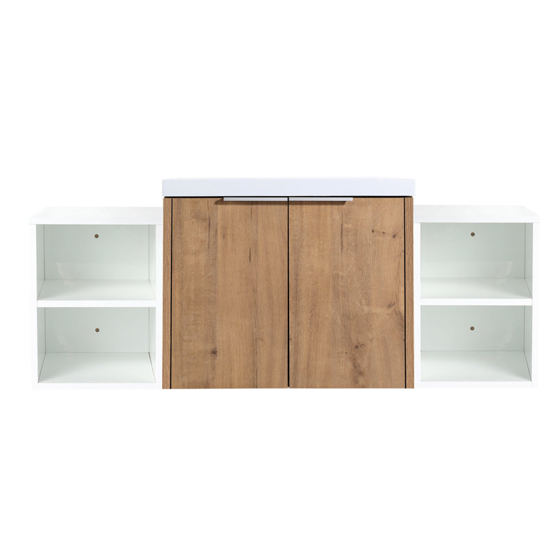 Lavabo de salle de bain 48 po, fixation murale, 2 portes à fermeture douce, petites tablettes de rangement, meuble-lavabo moderne en contreplaqué de 48 po, monté avec portes fermées, fabrication