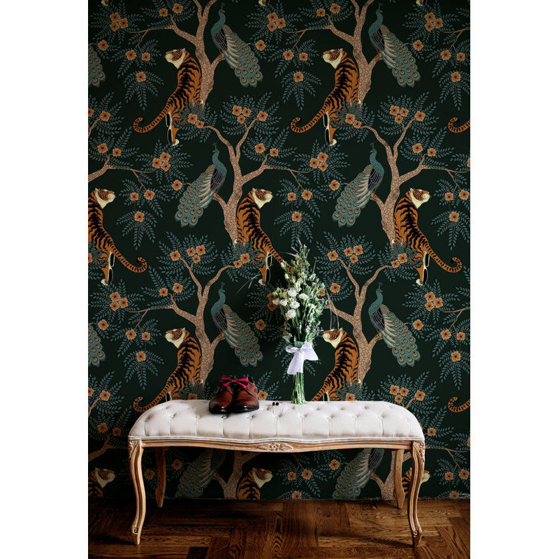 Papier peint floral tigre et paon vert foncé, L 100 po x l 150 po