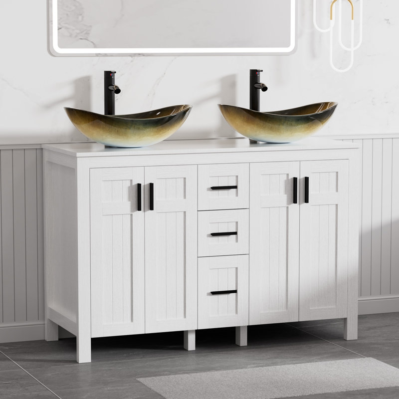 Meuble-lavabo double 48 po avec lavabos vasques, robinets, White