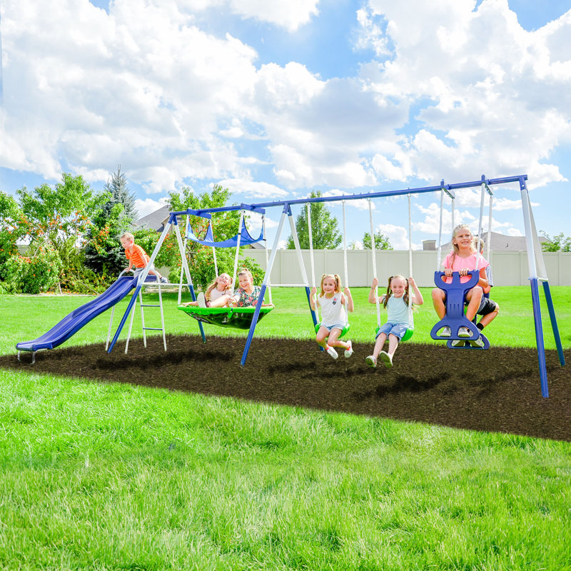 Blue Metal Outdoor Swing and Slide Set with Glider