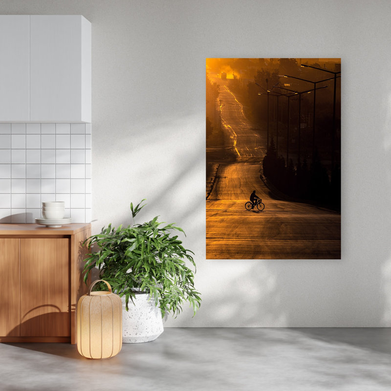«Golden Hour Cyclist Peaceful Serene Abstract Sunrise Sunset», reproduction d'art, 60" H x 40" W