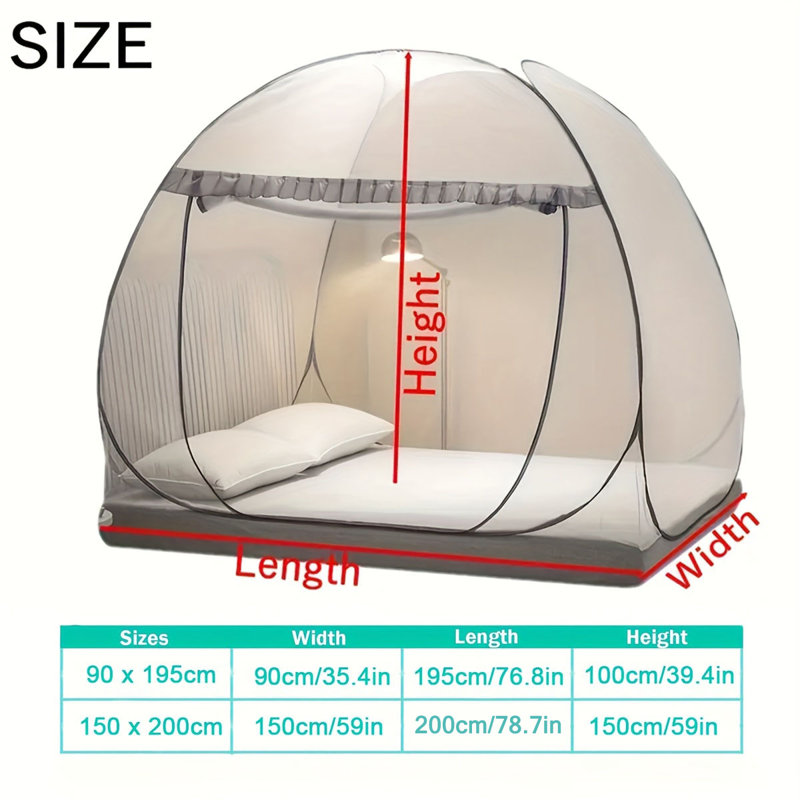 Gray Pop Up Bed Mosquito Net Tent, 150×200cm Full Net Bottom Bed Canopy, Portable Foldable Insect Screen, Indoor Outdoor Bed Tent for Bedroom Dorm Camping