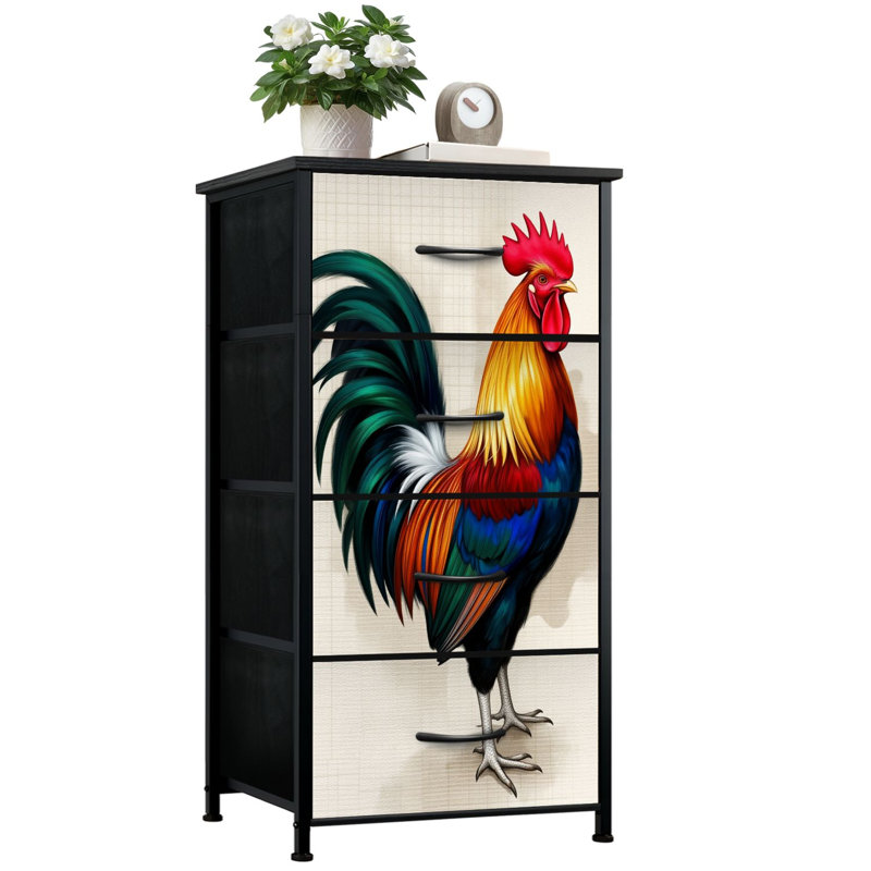 Commode rustique pour chambre à coucher avec 4 tiroirs de rangement Plumes colorées coqs vibrantes Plumage Art Commode Commode en acier avec cadre en tissu pour vestibule