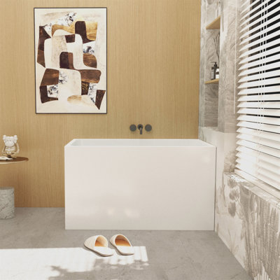 43" Acrylic Freestanding Bathtub With Seat: Spacious Rectangle Shape, Gloss White Finish, Chrome Overflow & Pop-Up Drain