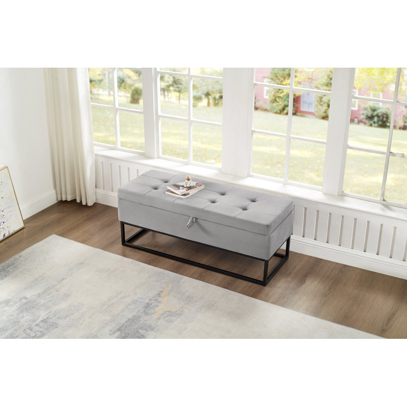 Jiayi 46.1'' Velvet Upholstered Storage Bench, Gray, Black