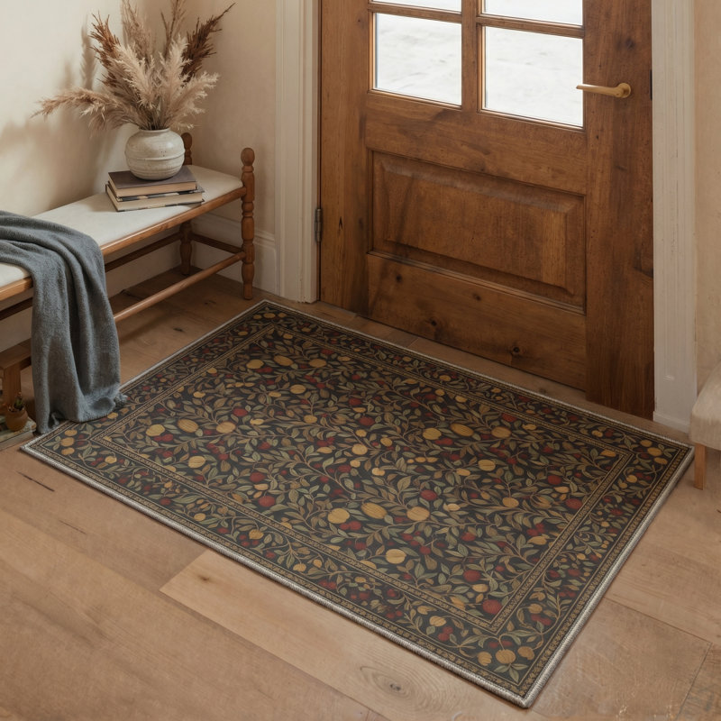 Vineyard Vintage Machine Washable Green / Yellow / Red Indoor Area Rug with Non-Slip Backing, Rectangle 6' x 9'