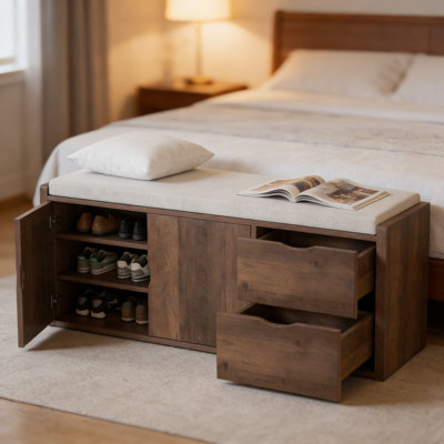 Entryway Storage Bench With Shoe Rack And 2 Drawers, 40 Inch Shoe Bench With Padded Seat, Hidden Cabinet And Adjustable Shelf For Living Room, Bedroom, Hallway