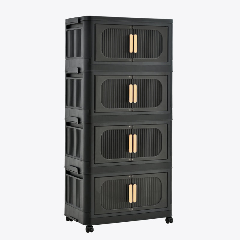 Snedicor 4-Tier PP Wide Folding Cabinet, Black/Clear, 41" H x 20" W x 12" D