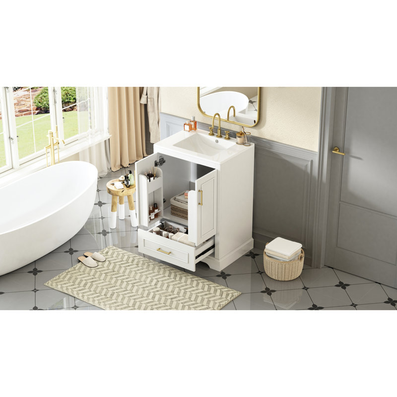 Meuble-lavabo de 24 pouces avec lavabo en céramique facile, pied en bois massif et tiroir à fermeture en douceur pour une structure confortable, hygiénique et silencieuse.
