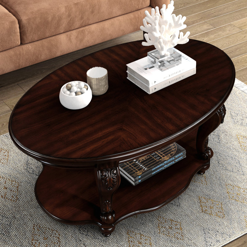Table basse ovale en bois 42 po avec rangement à 2 niveaux, Cerise