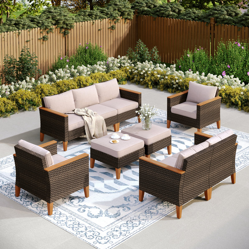 Argyri 9-Piece Wicker Outdoor Patio Conversation Furniture Sectional Set with Fire Pit Table, No, Beige