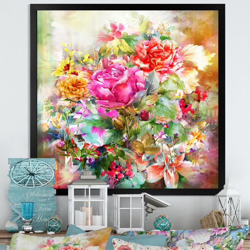 «Modern Pink and Green Summer Garden II», reproduction d'art sur toile, H 16 po x l 16 po x P 1 po, Cadre noir