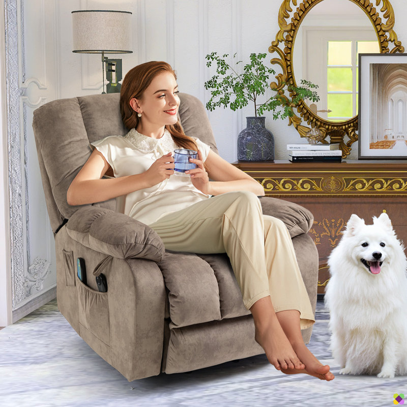 Karelin 33.5"W Velvet Heater Massage Lift Chair Power Recliner, Brown