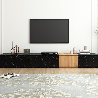 Meuble audio-vidéo chic en noir avec faux marbre et noyer, 4 tiroirs, pour téléviseurs de 88 po, meuble de rangement de style console de salon pour téléviseur, convient à une option décorative