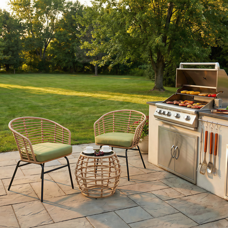 Patio Leisure Natural Rattan Coversation Sets With Solar Light Coffee Table & 2 Accent Armchair