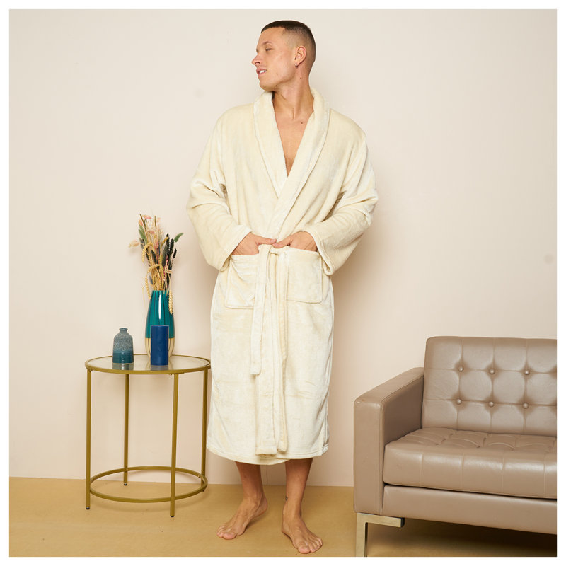 Gender Neutral Mid-Calf Bathrobe with Pockets, Cream
