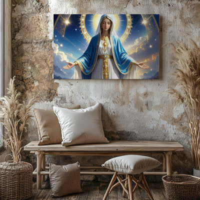 Canvas Wall Art Heavenly Virgin Mary Golden Halo And Starry Night Sacred Art Ready To Hang Gallery Wrapped Home Decor Modern Design
