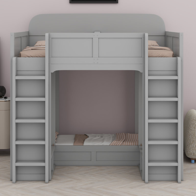 Lit superposé triple avec tablettes et crochets de rangement, Gris