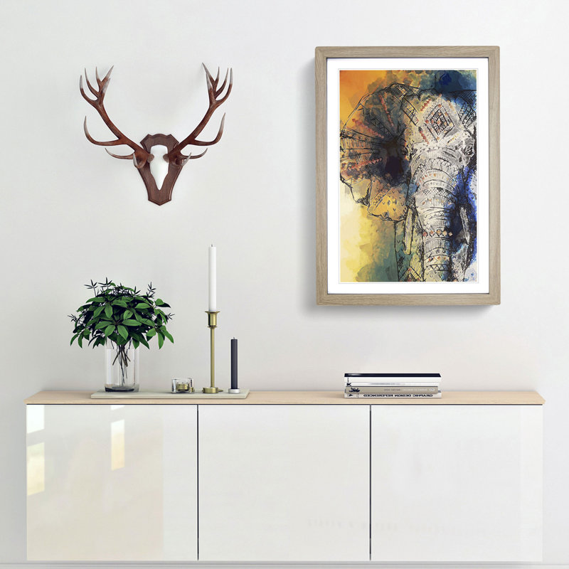 Indian Elephant in Abstract - Framed Print, 50cm H x 35cm W x 2cm D, Oak
