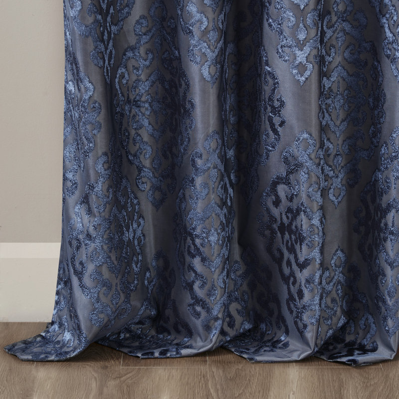 Mirage Damask Total Blackout Thermal Grommet Single Curtain Panel, 50" W x 108" L, Navy