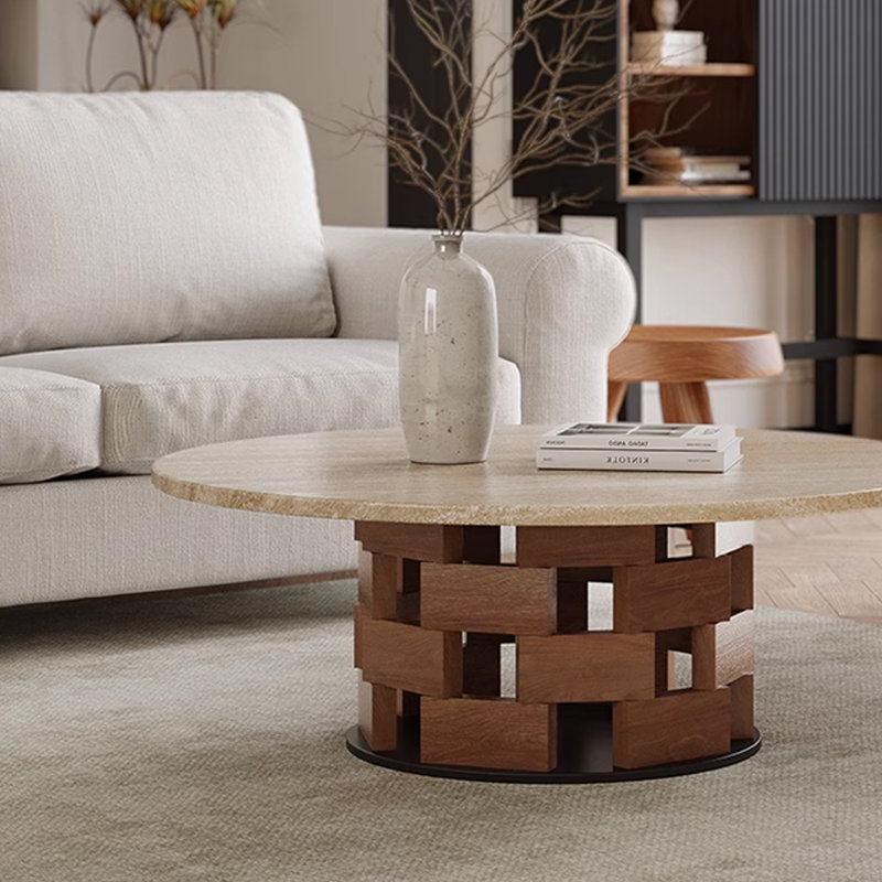 Table basse en travertin de style Wabi-sabi, Brun noisette, H 13,77 po x L 27,55 po x l 27,55 po