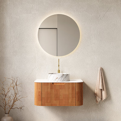Meuble-lavabo mural moderne de 30 po, lavabo rond en pierre blanche, tiroir avec rangement spacieux, fermeture en douceur, tiroir d'armoire flottant naturel, motif en céramique, style, installation facile