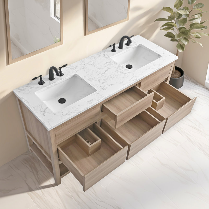 Meuble-lavabo double 60 po avec plateau en pierre d'ingénierie Wesli