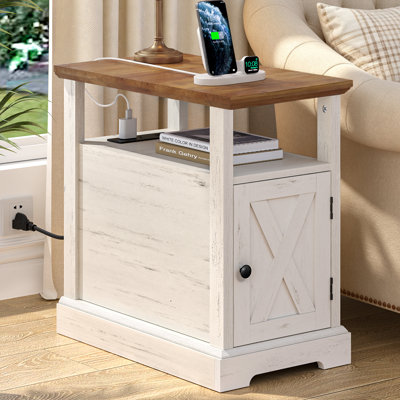 Table de bout Farmhouse avec station de charge, table d'appoint étroite avec rangement pour les petits espaces