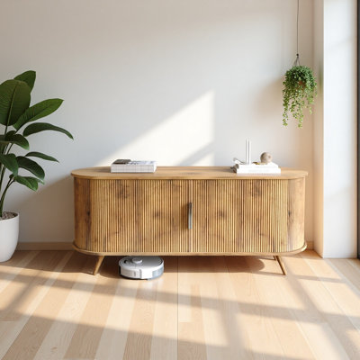 Meuble télé de 50 po avec prise de courant, centre de divertissement cannelé pour téléviseur de 55 po ou moins, console de télévision moderne avec grand rangement et portes coulissantes, console multimédia pour le salon / la chambre à coucher