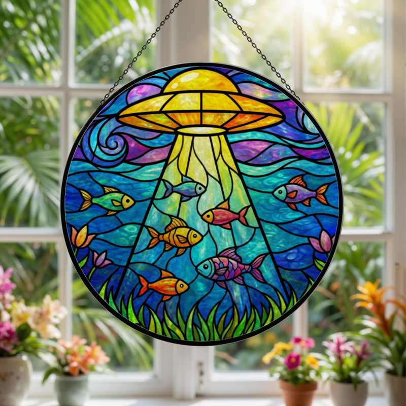 7.8"H Ufo Fish Stained Glass Window Panel, 7.8" H x 7.8" W