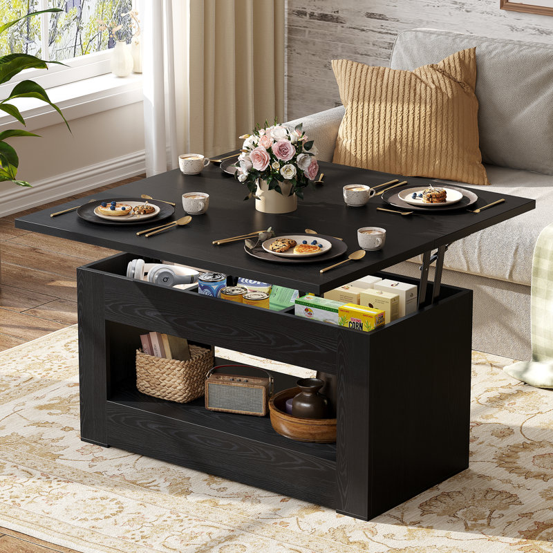 39.4" Lift Top Coffee Table, 4-in-1 Convertible Coffee Table With Storage And Hidden Compartment, Multi-function Folding Coffee Table To Dining Table For Living Room, Small Space, Black
