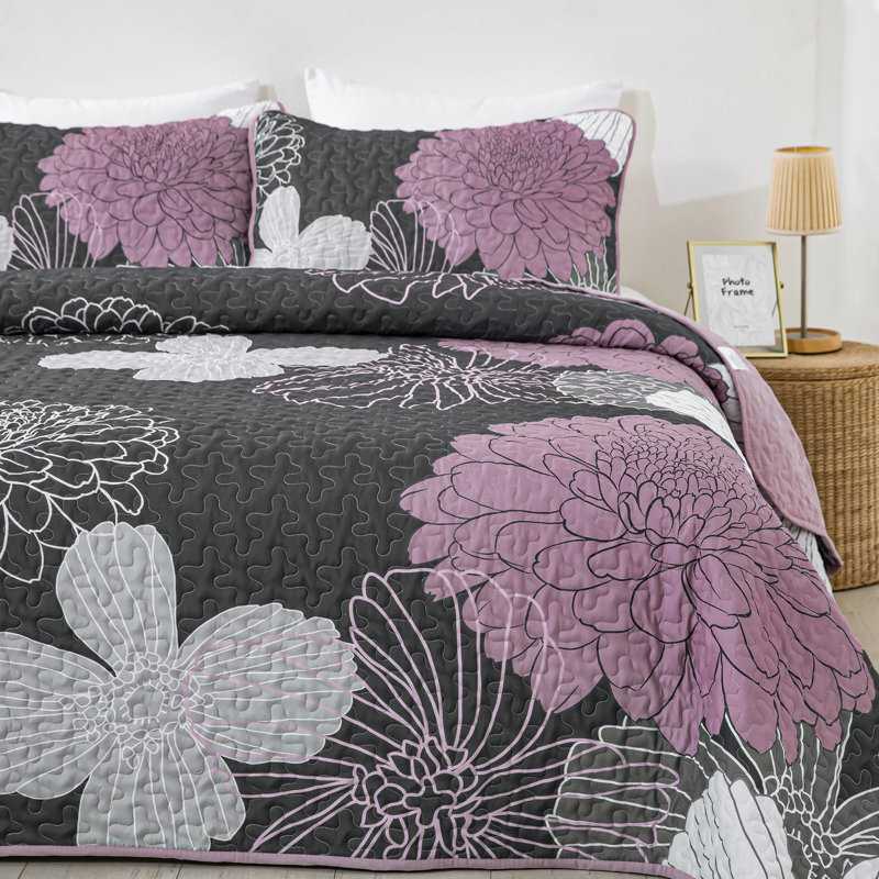 Ensemble de courtepointe 3 pièces avec imprimé floral, Courtepointe pour lit grand + deux taies décorati, Gris / Rose