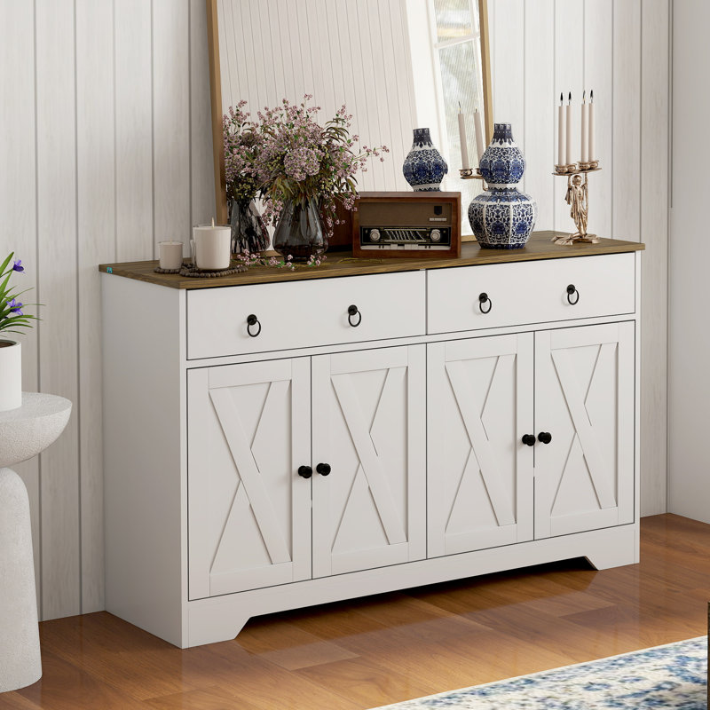 Buffet de cuisine, armoire de ferme avec portes de style grange, tiroirs, tablettes réglables, blanc