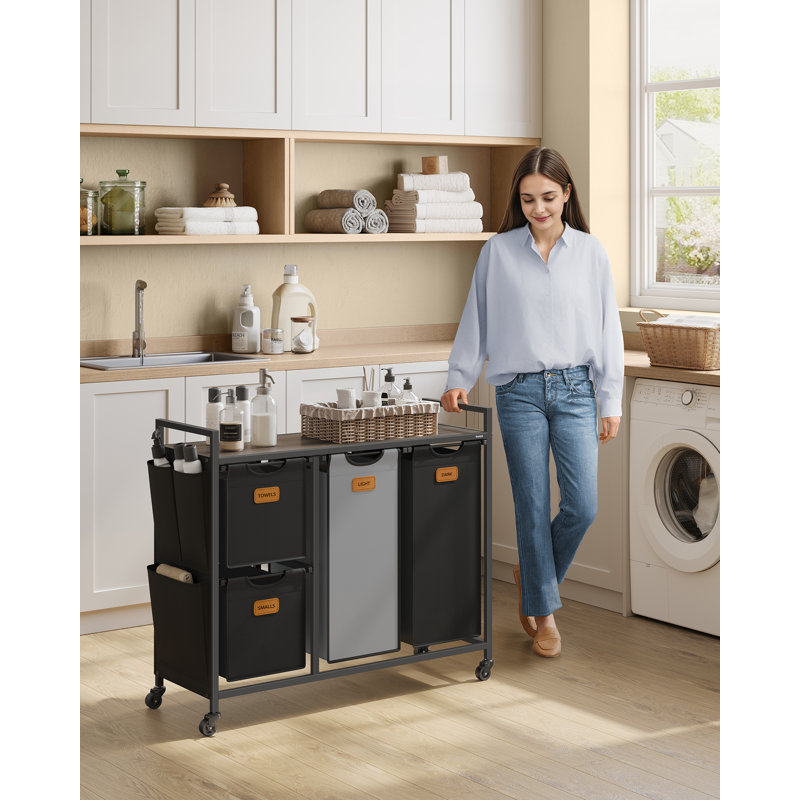 Metal Rolling Laundry Basket with Handles, Chestnut Brown/Ink Black/Dove Grey