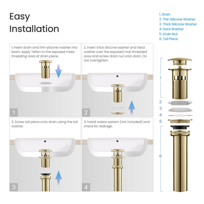 Drain escamotable de lavabo de salle de bain l 2,63 po avec trop-plein, Or brossé