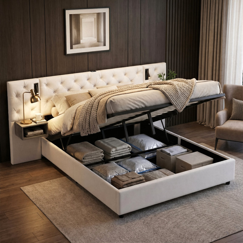 Beige Velvet Ottoman Bed With Integrated Nightstands, Reading Lights & USB-C Charging, European Double (140X200cm) & King (160X200cm) 